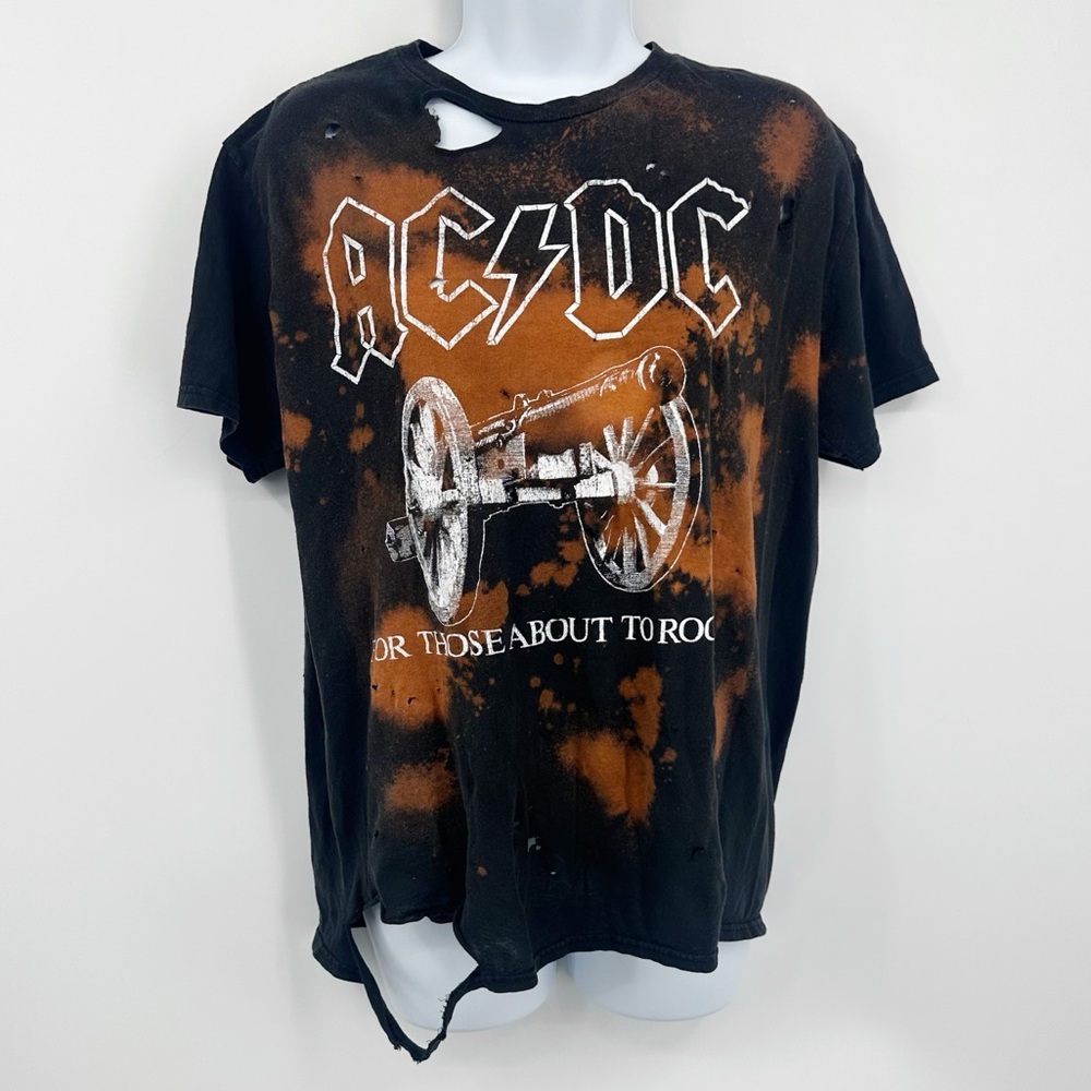 ACDC Bleach Splatter Short Sleeve Shirt Size Large Distressed Worn Grunge Boho